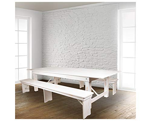 Flash Furniture HERCULES Series 9' x 40" Antique Rustic White Folding Farm Table and Two Bench Set