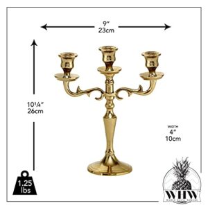 WHW Whole House Worlds Hamptons Three Arm Gold Candelabra, Hand Crafted of Aluminum, 10.25 Inches High, Weighted