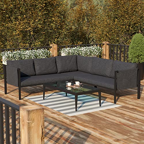 Flash Furniture Modern L-Shape Patio Sectional With Cushions - Contemporary Black Frame and Charcoal Cushions - 2 Storage Pockets - Zippered Removable Covers