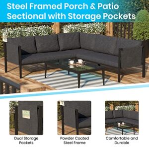 Flash Furniture Modern L-Shape Patio Sectional With Cushions - Contemporary Black Frame and Charcoal Cushions - 2 Storage Pockets - Zippered Removable Covers