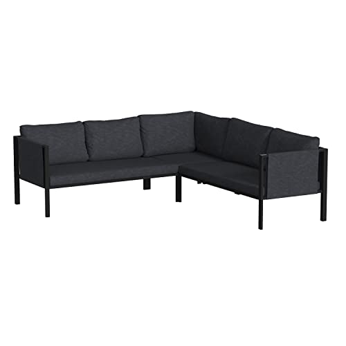 Flash Furniture Modern L-Shape Patio Sectional With Cushions - Contemporary Black Frame and Charcoal Cushions - 2 Storage Pockets - Zippered Removable Covers