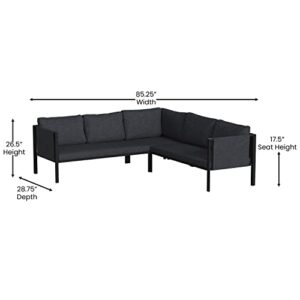 Flash Furniture Modern L-Shape Patio Sectional With Cushions - Contemporary Black Frame and Charcoal Cushions - 2 Storage Pockets - Zippered Removable Covers