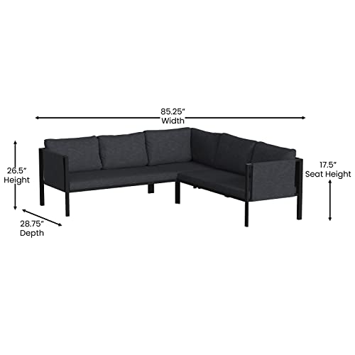 Flash Furniture Modern L-Shape Patio Sectional With Cushions - Contemporary Black Frame and Charcoal Cushions - 2 Storage Pockets - Zippered Removable Covers