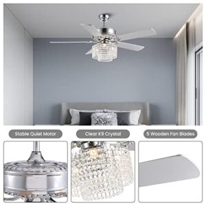 CROSSIO 52 Inch Crystal Ceiling Fan with Light and Remote Control, Modern Chandelier Fan with 5 Reversible Wood Blades Chrome Fandelier for Living Room Bedroom (Fine line Crystal-Ceiling Fan)