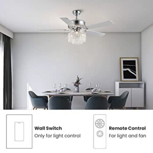 CROSSIO 52 Inch Crystal Ceiling Fan with Light and Remote Control, Modern Chandelier Fan with 5 Reversible Wood Blades Chrome Fandelier for Living Room Bedroom (Fine line Crystal-Ceiling Fan)