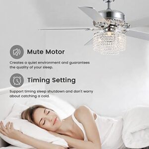 CROSSIO 52 Inch Crystal Ceiling Fan with Light and Remote Control, Modern Chandelier Fan with 5 Reversible Wood Blades Chrome Fandelier for Living Room Bedroom (Fine line Crystal-Ceiling Fan)