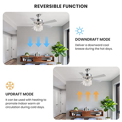 CROSSIO 52 Inch Crystal Ceiling Fan with Light and Remote Control, Modern Chandelier Fan with 5 Reversible Wood Blades Chrome Fandelier for Living Room Bedroom (Fine line Crystal-Ceiling Fan)