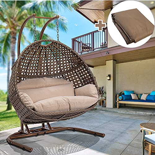 JOYBASE 2-Person Hanging Chair with Stand, Hanging Egg Chair, Wicker Rattan Hanging Chair with Cushion for Indoor Outdoor Garden Patio