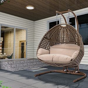 JOYBASE 2-Person Hanging Chair with Stand, Hanging Egg Chair, Wicker Rattan Hanging Chair with Cushion for Indoor Outdoor Garden Patio