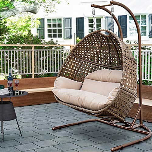 JOYBASE 2-Person Hanging Chair with Stand, Hanging Egg Chair, Wicker Rattan Hanging Chair with Cushion for Indoor Outdoor Garden Patio