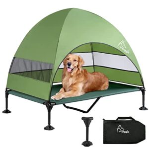 upgraded elevated dog bed with canopy, portable raised outdoor dog bed with stable anti-slip feet, wider shade off ground pet bed cot, raised dog beds for large dogs camping, indoor & outdoor use