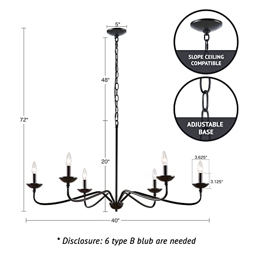 Hampton Hill Brighton Farmhouse Metal Rustic 6-Light Chandelier - Traditional Dining Room Antique Ceiling Lighting for Bedroom, 40" W x 40" D x 72" H, Matte Black