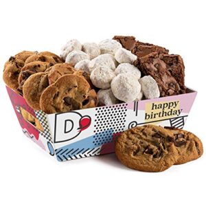 david’s cookies birthday cookie gift basket – gourmet cookies with chocolate chips, pecan butter meltaways, brownies – deliciously flavored cookies & brownies with themed crate – ideal gift for corporate birthday fathers mothers day get well and other spe