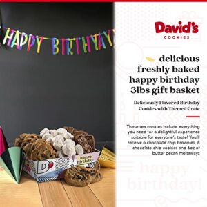 David’s Cookies Birthday Cookie Gift Basket - Gourmet Cookies with Chocolate Chips, Pecan Butter Meltaways, Brownies – Deliciously Flavored Cookies & Brownies with Themed Crate - Ideal Gift for Corporate Birthday Fathers Mothers Day Get Well and Other Spe