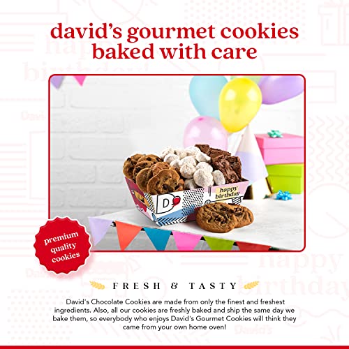 David’s Cookies Birthday Cookie Gift Basket - Gourmet Cookies with Chocolate Chips, Pecan Butter Meltaways, Brownies – Deliciously Flavored Cookies & Brownies with Themed Crate - Ideal Gift for Corporate Birthday Fathers Mothers Day Get Well and Other Spe