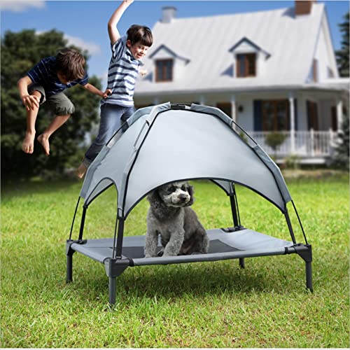 Hooyeatlin Elevated Dog Bed for Small Dogs - Cooling Raised Pet Cot with Removable Canopy Portable Dog Shade Tent for Indoor & Outdoor Use Gray ( S Size )