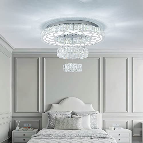 Zswanbei 21" Crystal Ceiling Lamp 3 Ring Large Modern LED Chandelier Acrylic Adjustable Pendant Light Fixtures for Dining Room Living Room Girls Bedroom (Cool White)