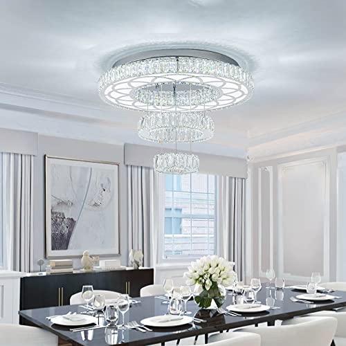 Zswanbei 21" Crystal Ceiling Lamp 3 Ring Large Modern LED Chandelier Acrylic Adjustable Pendant Light Fixtures for Dining Room Living Room Girls Bedroom (Cool White)