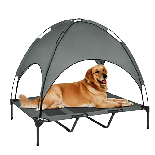 Outdoor Dog Bed with Canopy, Breathable Portable Elevated Dog Bed with Tent, Raised Cooling Dog Cots Beds for Large Dogs with Removable Sunshade Awning (Grey)