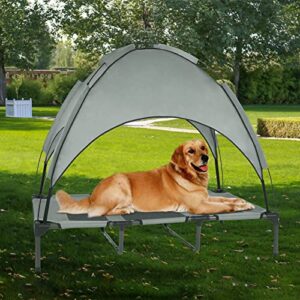 Outdoor Dog Bed with Canopy, Breathable Portable Elevated Dog Bed with Tent, Raised Cooling Dog Cots Beds for Large Dogs with Removable Sunshade Awning (Grey)