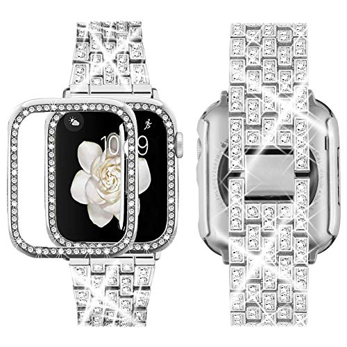 Supoix Compatible with Apple Watch Band 38mm + Case, Women Jewelry Bling Diamond Rhinestone Replacement Metal Strap &Soft TPU Protector Case for iWatch Series 3/2/1（Silver)