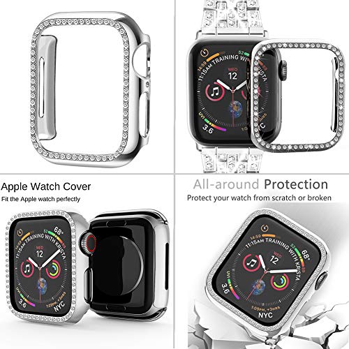 Supoix Compatible with Apple Watch Band 38mm + Case, Women Jewelry Bling Diamond Rhinestone Replacement Metal Strap &Soft TPU Protector Case for iWatch Series 3/2/1（Silver)