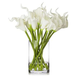 enova floral 20 pieces real touch lilies artificial flowers with vase, faux calla lily flowers arrangement with faux water in glass vase for dining table decor, wedding centerpieces (white)