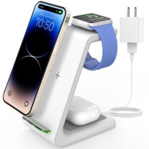 joygeek wireless charging station, wireless iphone charger, 3 in 1 charging station for apple iphone 14/13/12/11/se/x/8 series, iwatch 8/se/7/6/3, airpods 2/3/pro – white