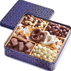 hazel & creme chocolate gift basket – chocolate assortment gift box – gourmet gift food, holiday, birthdays, sympathy, corporate gift tin him and her