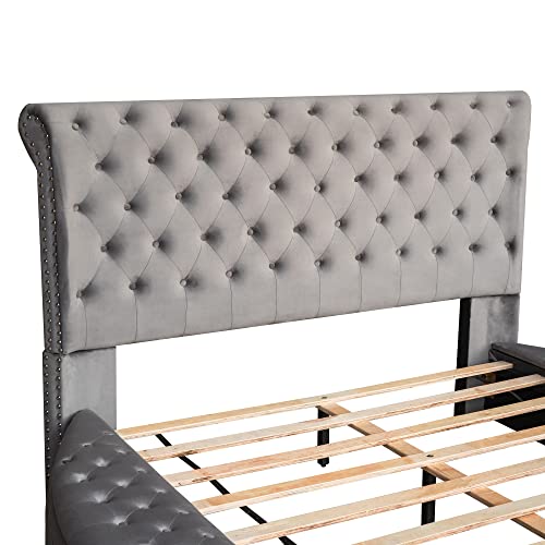 VilroCaz Modern Velvet Upholstered Platform Bed with Nailhead Trim Headboard, Queen Size Round Shape Low Profile Storage Platform Bed with Storage Space on Both Sides and Footboard, Easy Care