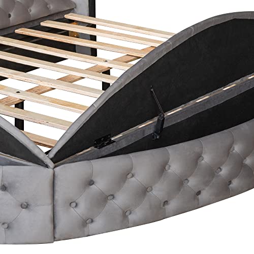 VilroCaz Modern Velvet Upholstered Platform Bed with Nailhead Trim Headboard, Queen Size Round Shape Low Profile Storage Platform Bed with Storage Space on Both Sides and Footboard, Easy Care