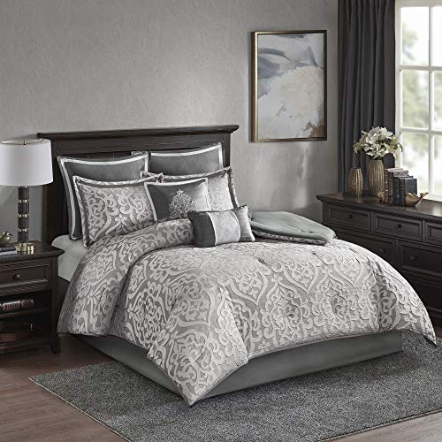 Madison Park Odette Cozy Comforter Set Jacquard Damask Medallion Design - Modern All Season, Down Alternative Bedding, Shams, Decorative Pillows, Queen(90 in x 90 in), Silver 8 Piece