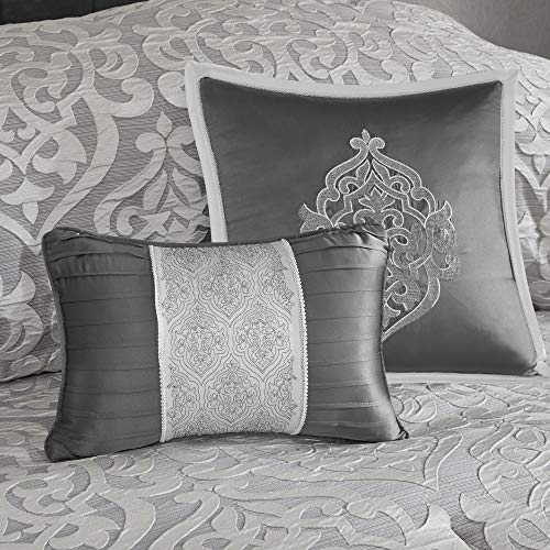 Madison Park Odette Cozy Comforter Set Jacquard Damask Medallion Design - Modern All Season, Down Alternative Bedding, Shams, Decorative Pillows, Queen(90 in x 90 in), Silver 8 Piece