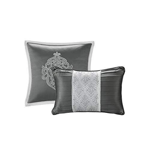 Madison Park Odette Cozy Comforter Set Jacquard Damask Medallion Design - Modern All Season, Down Alternative Bedding, Shams, Decorative Pillows, Queen(90 in x 90 in), Silver 8 Piece