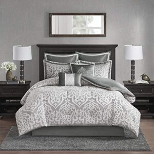 Madison Park Odette Cozy Comforter Set Jacquard Damask Medallion Design - Modern All Season, Down Alternative Bedding, Shams, Decorative Pillows, Queen(90 in x 90 in), Silver 8 Piece