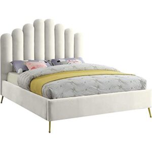 meridian furniture lily collection modern | contemporary velvet upholstered bed with deep channel tufting and custom gold steel legs, queen, cream