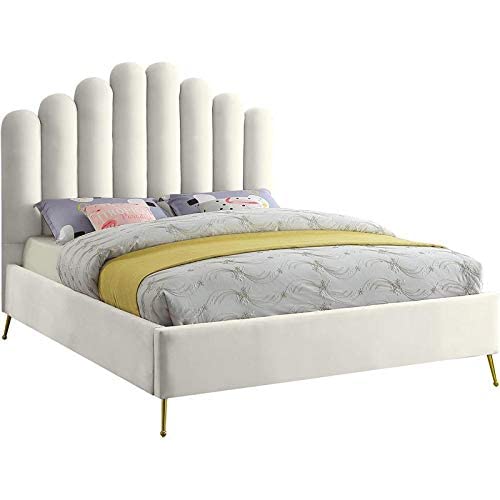 Meridian Furniture Lily Collection Modern | Contemporary Velvet Upholstered Bed with Deep Channel Tufting and Custom Gold Steel Legs, Queen, Cream