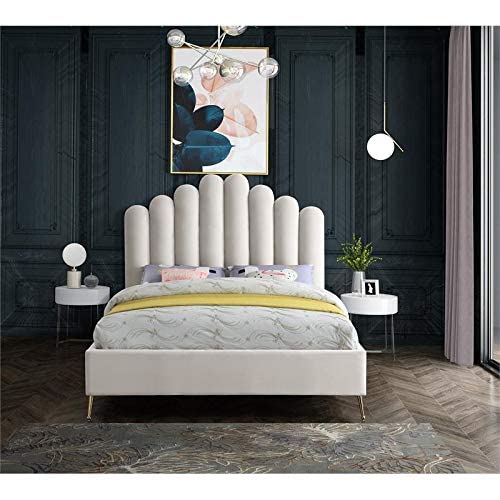 Meridian Furniture Lily Collection Modern | Contemporary Velvet Upholstered Bed with Deep Channel Tufting and Custom Gold Steel Legs, Queen, Cream