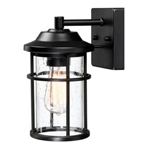 outdoor wall lantern, exterior waterproof wall sconce light fixture, anti-rust black wall mount lighting with seeded glass shade, e26 socket front porch lights for outside, modern house, garage, patio
