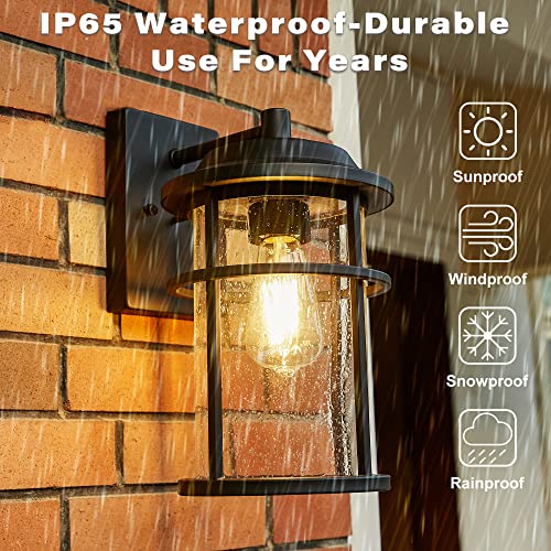 Outdoor Wall Lantern, Exterior Waterproof Wall Sconce Light Fixture, Anti-Rust Black Wall Mount Lighting with Seeded Glass Shade, E26 Socket Front Porch Lights for Outside, Modern House, Garage, Patio