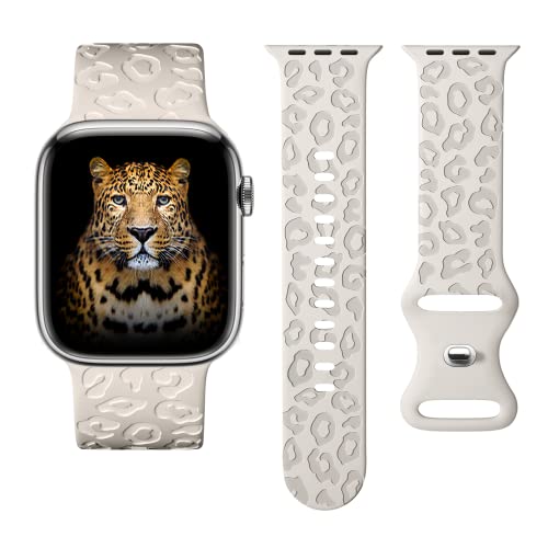 CreateGreat Engraved Bands Compatible with Apple Watch Band 41mm 40mm 38mm, Leopard Carve Pattern Soft Silicone Strap Compatible with iWatch Series 8 7 6 5 4 3 2 1 SE, Women Men,Leopard.4PCS-A