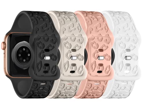 CreateGreat Engraved Bands Compatible with Apple Watch Band 41mm 40mm 38mm, Leopard Carve Pattern Soft Silicone Strap Compatible with iWatch Series 8 7 6 5 4 3 2 1 SE, Women Men,Leopard.4PCS-A