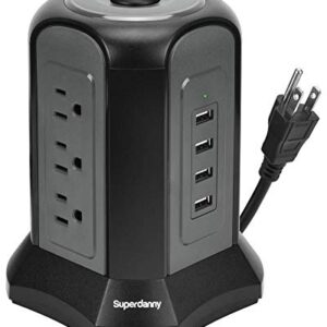 Power Strip Tower Surge Protector, SUPERDANNY Desktop Charging Station, 10 Ft Extension Cord, 9 Outlets, 4 USB Ports, 1080 Joules, 3-Prong, Grounded, Multiple Protections for Home, Office, Black