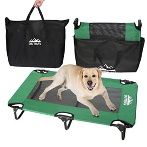 elevated dog cot with steel frame – foldable raised play and rest bed for dogs and cats – heavy duty strong material – pet cot with bonus storage bag (large 42” x 24” x 8”, green)