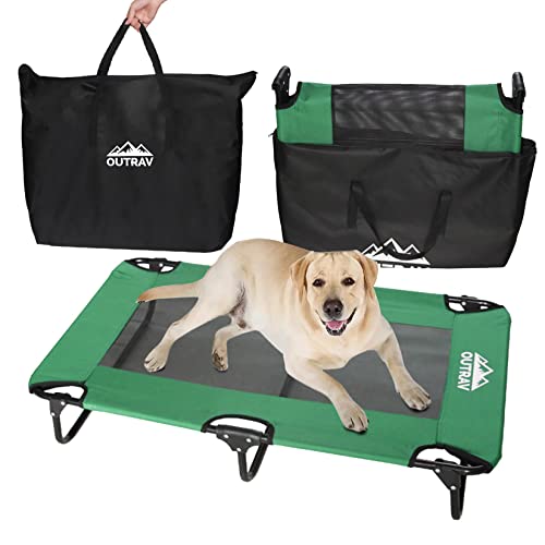 Elevated Dog Cot with Steel Frame - Foldable Raised Play and Rest Bed for Dogs and Cats - Heavy Duty Strong Material - Pet Cot with Bonus Storage Bag (Large 42” x 24” x 8”, Green)