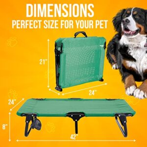 Elevated Dog Cot with Steel Frame - Foldable Raised Play and Rest Bed for Dogs and Cats - Heavy Duty Strong Material - Pet Cot with Bonus Storage Bag (Large 42” x 24” x 8”, Green)