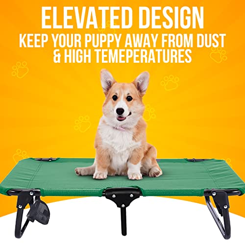 Elevated Dog Cot with Steel Frame - Foldable Raised Play and Rest Bed for Dogs and Cats - Heavy Duty Strong Material - Pet Cot with Bonus Storage Bag (Large 42” x 24” x 8”, Green)