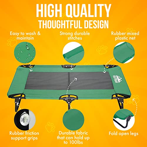 Elevated Dog Cot with Steel Frame - Foldable Raised Play and Rest Bed for Dogs and Cats - Heavy Duty Strong Material - Pet Cot with Bonus Storage Bag (Large 42” x 24” x 8”, Green)