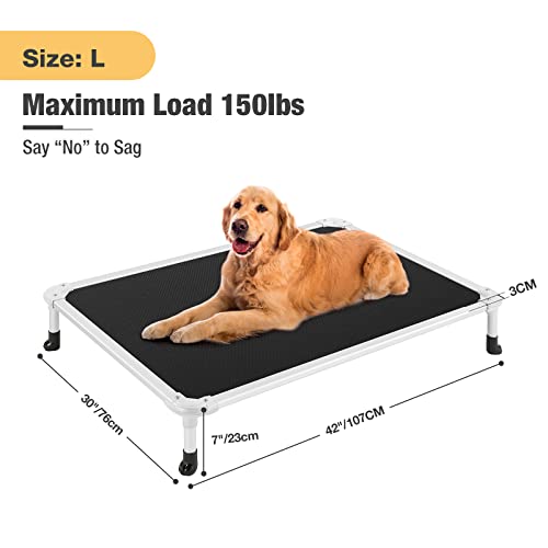 Veehoo Chew Proof Elevated Dog Bed - Cooling Raised Pet Cot - Silver Aluminum Frame and Durable Textilene Mesh Fabric, Unique Designed No-Slip Feet for Indoor or Outdoor Use, Black, Large