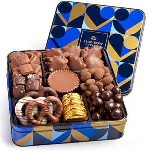 blue bow gourmet artisanal chocolate assortment gift tin for easter, mother’s day, birthday, thank you
